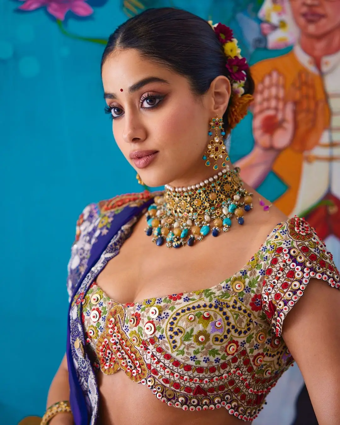 JANHVI KAPOOR STILLS IN BLUE DESIGNER LEHENGA CHOLI VONI